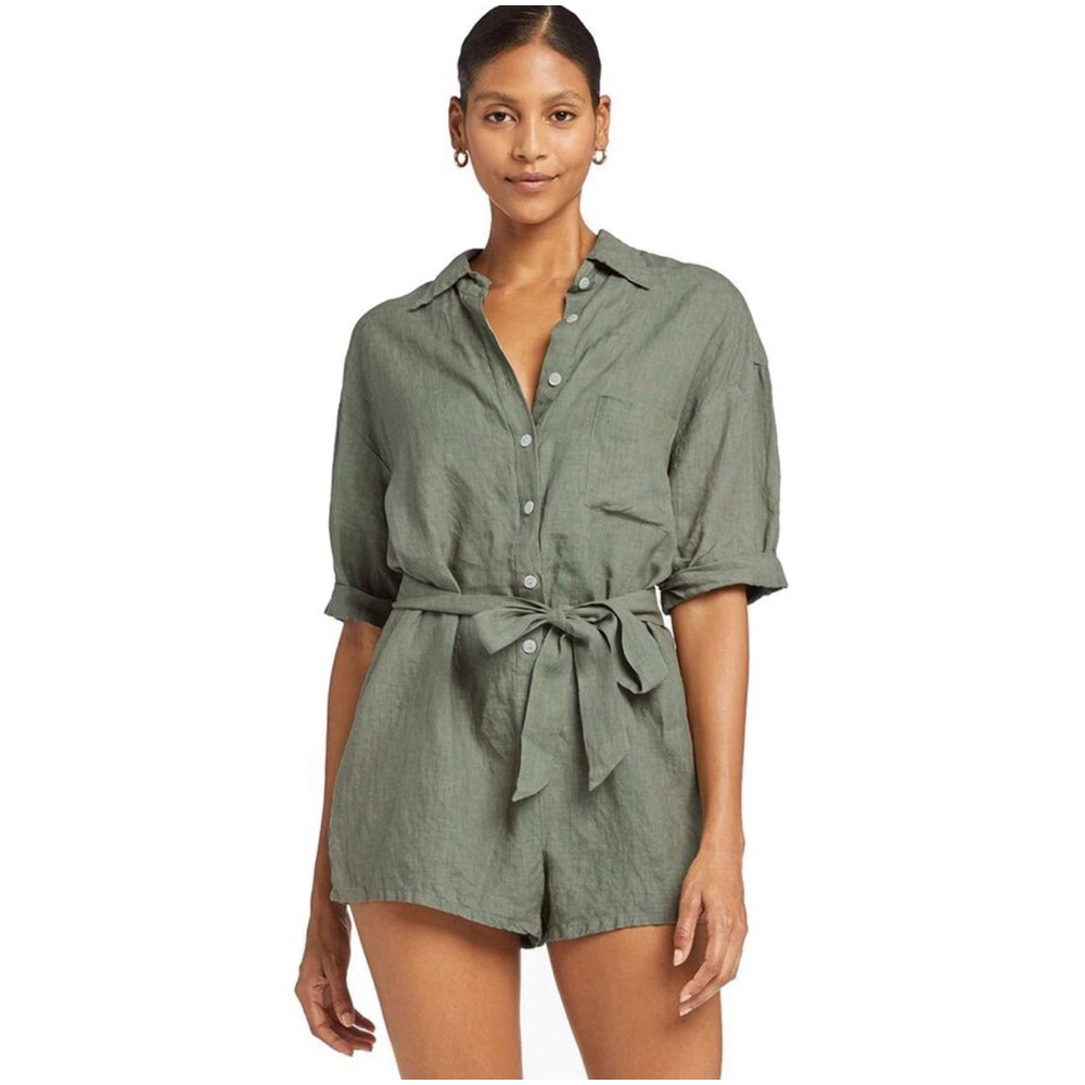 VITAMIN A Green Linen Playa Romper Size Medium Beach Coverup Belted NWOT Coastal